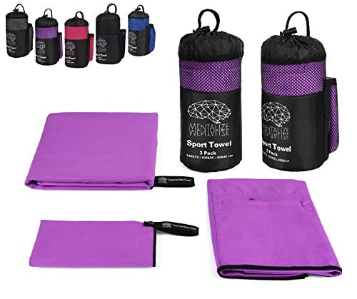 MENTALIZE² Juego Toallas Microfibra Gimnasio | Toalla de Playa Grande XL | Ideal para Baño Viaje Yoga | Bolsillo Integrado (Morado Orquídea – Negro, Pack de 3 140x70; 100x50; 40x40cm)