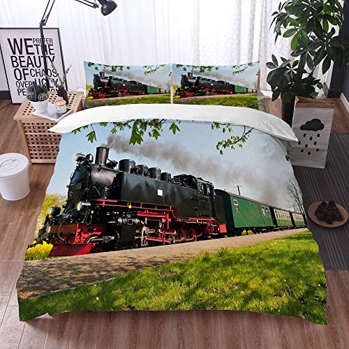 Mingdao Bedding Juego de Funda de Edredón -El histórico Tren de Vapor alemán Pasa por los Campos/Microfibra Funda de Nórdico (Cama 220 x 240 cm + Almohada 50X80 cm)