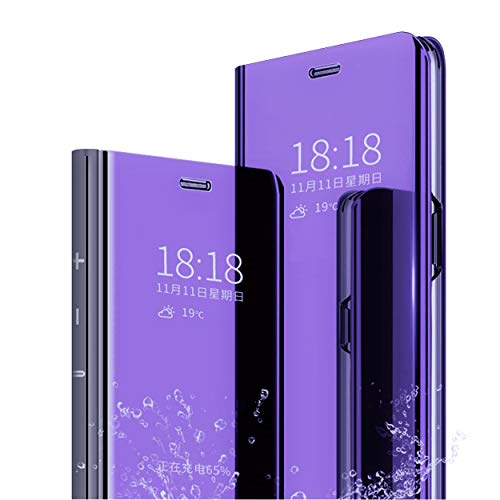 MLOTECH Funda para Huawei P30 Lite,Funda Case + Cristal Templado Flip Clear View Translúcido Espejo Standing Cover Slim Fit Anti-Shock Anti-Rasguño Mirror 360°Protectora Cubierta Azul Morado