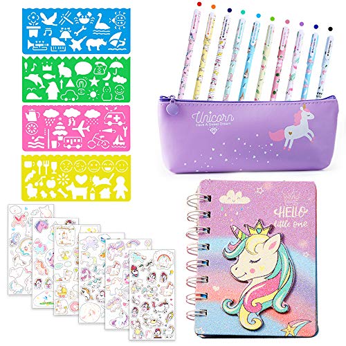 MMTX Papelería de Unicornio para Niñas Bolígrafos, Pegatinas, Plantillas de Dibujo, Cuaderno, Estuche para Lápices Unicornio Suministros Escolares para Niñas, 4 5 6 7 8 9 10 11 12 Años Púrpura