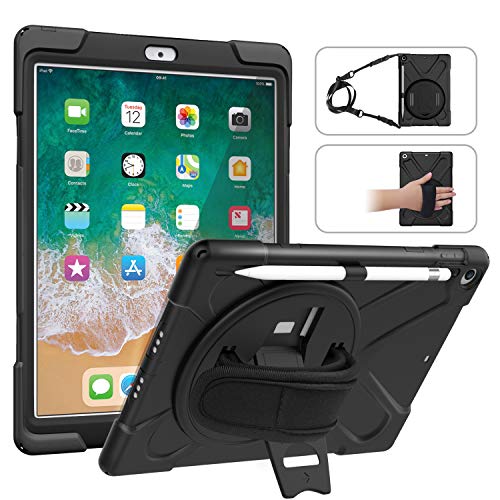 MoKo Funda Compatible con 2018/2017 iPad 9.7 6th/5th Generacion, Protectora Cubierta con Soporte de Rotación de 360 Grados, Correa de Mano/Hombro, Soporte de Pencil - Negro