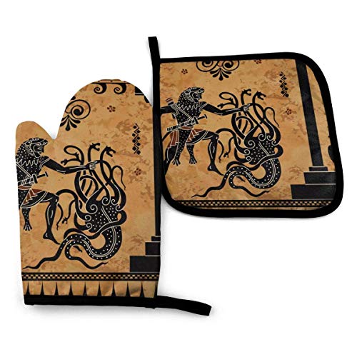 Monstruo Y Guerrero Antiguo De Cerámica De Figura Negra Guantes para Horno,Juego De Guantes De Horno,Manopla Horno,Manteles Individuales Aislados,Juego De Guantes Y Agarraderas