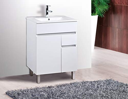 Mueble de baño con Lavabo de Porcelana - 2 Puertas y 1 Cajón amortiguado - El Mueble va MONTADO - Modelo Clif (60 cms, Blanco)
