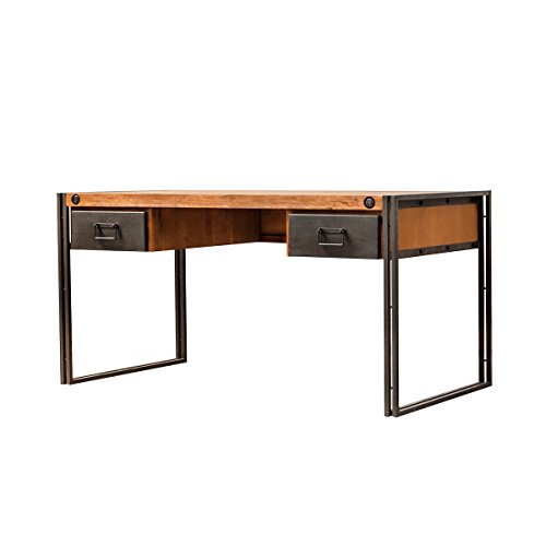 Mueble de escritorio vintage de madera maciza y estructura metálica, 2 cajones, estilo indusrcial, acabado cuidado, colección Workshop
