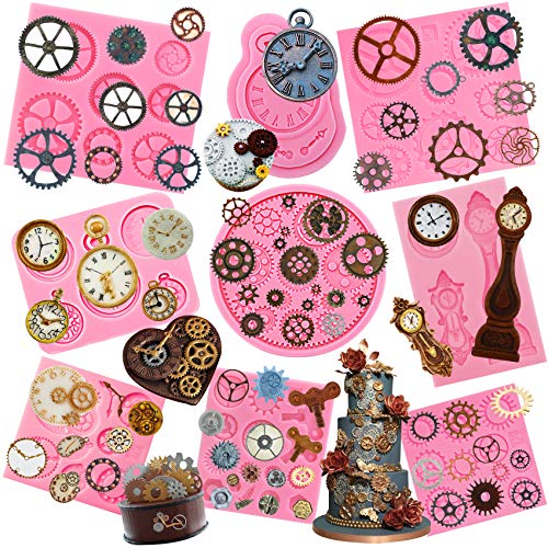 musykrafties Juego de moldes de silicona Steampunk estilo engranaje, rueda de reloj y reloj para fondant, 9 unidades