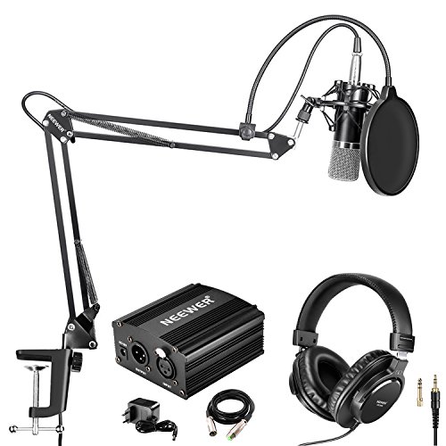 Neewer NW-700 Pro Micrófono Condensador (Negro/Plateado) y Kit de Auriculares de Monitor con 48V Fuente Alimentación Phantom, Soporte de Brazo de Tijera NW-35 Boom, Montaje de Choque y Filtro Pop