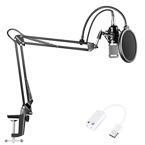 Neewer NW-800 Micrófono de Condensador Kit con Adaptador de Tarjeta de Sonido USB, Suspensión Ajustable Soporte de Brazo, Montura Antichoque, Filtro de Pop para Grabación de Estudio YouTube Live