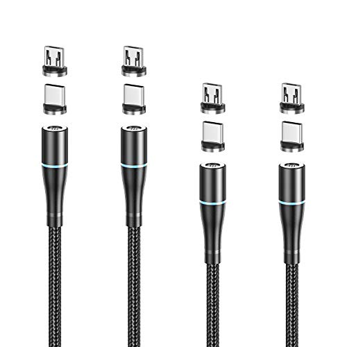 NetDot Gen9 Cable Magnético, Cargador Magnético 3 en 1 Compatible con Micro USB, Teléfonos USB-C y Viene con 3 Conectores Cada Cable (4 Pack,1m*2 + 2m*2)