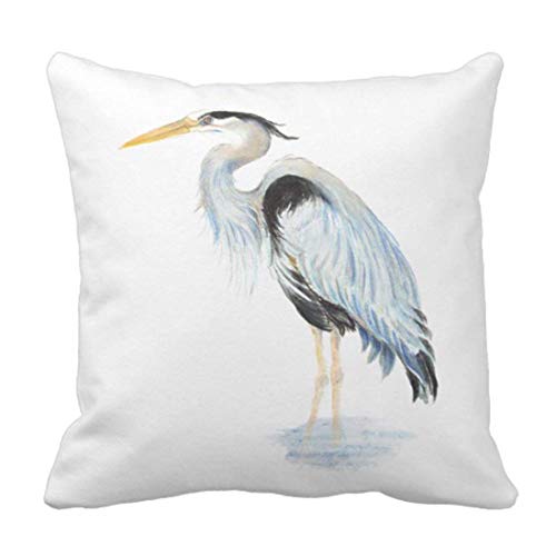Original Watercolor Great Blue Heron Bird Decorative Pillow Case Home Decor Square 18 x 18 Inch Cushion 45cm