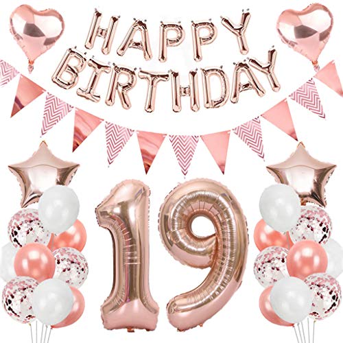 Ouceanwin 19 Cumpleaños Decoraciones Oro Rosa, Globos Numeros Gigante 19, Bandera de Globos Happy Birthday, Globos de Confeti, 19 años Fiesta de Cumpleaños Kit para Niñas y Mujeres