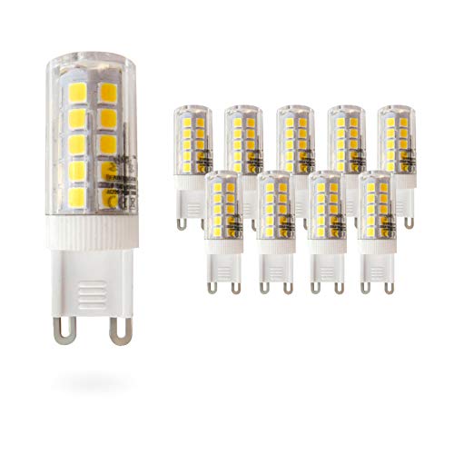 Pack de 10 Bombillas LED Bajo Consumo MOSCU G9 · Lámpara LED (Tubular Cerámica) 5W con 475 Lúmenes · 4500K Blanco Neutro · Medidas: 16mm Ø x 51mm [Clase energética: A+]