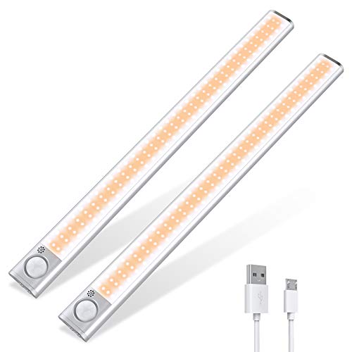 Paquete de 2 160 luces LED con detector de movimiento, iluminación de armario, luz de noche, USB recargable, 3 colores, con bandas magnéticas para armario, pasillo, armario, cocina