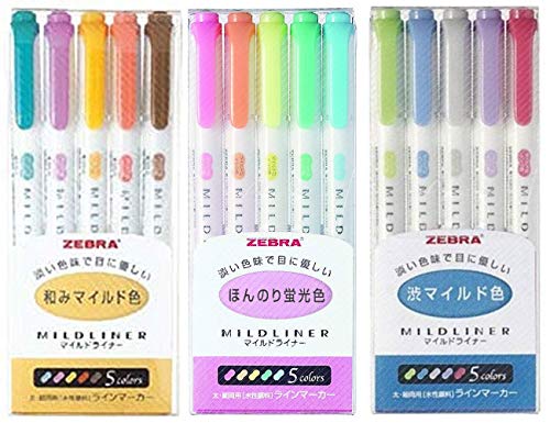 Paquete de 3 juegos de rotuladores Zebra MILDLINER WKT7-5C (5 colores) / WKT7-5C-RC (5 colores) / WKT7-5C-NC (5 colores)