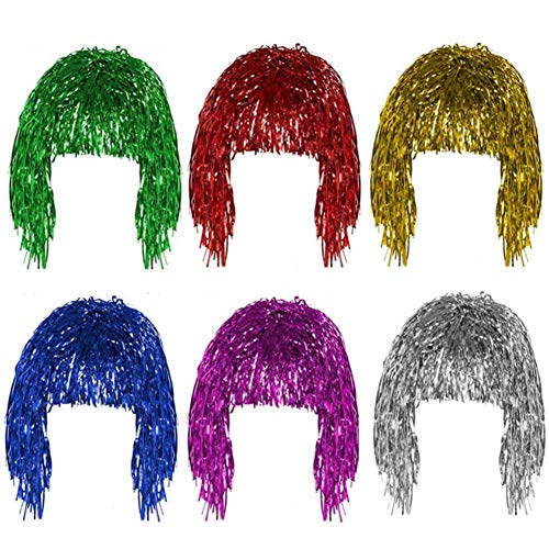 Pelucas Metal Brillante para Set de Pelucas Brillante Brillante Pelucas Mujeres Adecuado para Halloween Navideña y Despedida de Soltero Cosplay 6 pcs - (Oro, Blanco, Verde, Púrpura, Rojo y Azul)