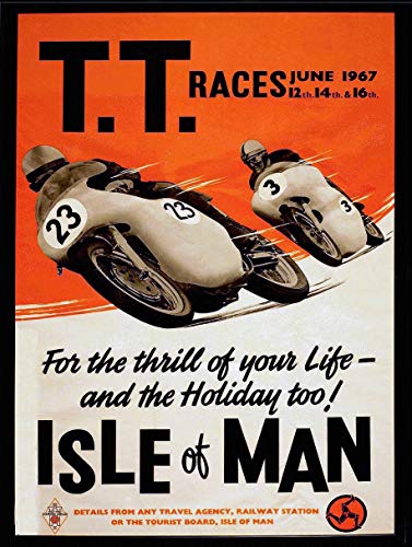 Placa de metal publicitaria con un diseño nostálgico de motociclismo y un texto en inglés: «TT Races, Isle of Man»