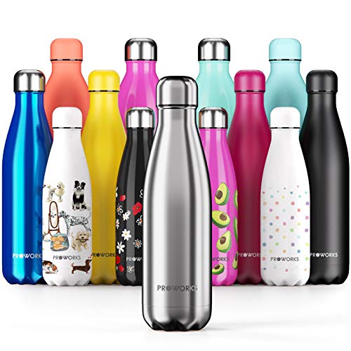 Proworks Botellas de Agua Deportiva de Acero Inoxidable | Cantimplora Termo con Doble Aislamiento para 12 Horas de Bebida Caliente y 24 Horas de Bebida Fría - Libre de BPA - 1.5L – Plata