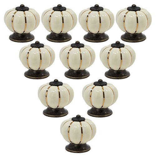 PsmGoods® - Perilla estilo europeo vintage de cerámica con forma de calabaza para puerta, cajón, aparador de cocina, armario, alacena, 10 unidades, Beige