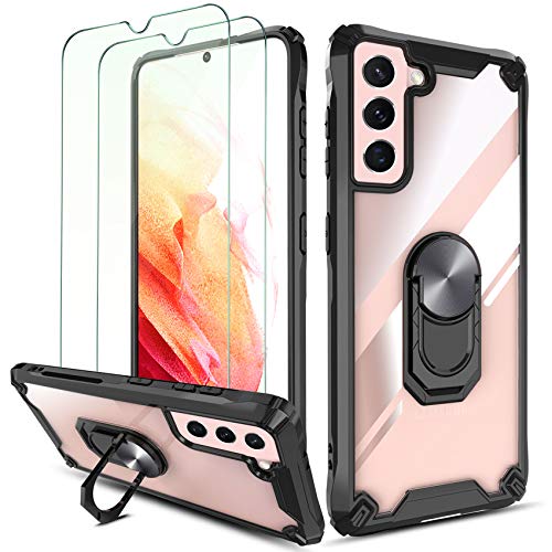 QHOHQ Funda para Samsung Galaxy S21 5G con 2 Pack Protector de Pantalla,[360° Giratorio Soporte] [5X Grado Militar Anti-caída Protección],Carcasa Trasera Transparente para PC,Bordes de TPU Suave-Negro