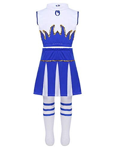 ranrann Disfraz de Animadora para Niña Chica Uniforme de Porrista Traje de Cheerleading 3Pcs Crop Top Falda Plisada Calcetines Disfraces Cosplay Halloween Azul 10-12 años