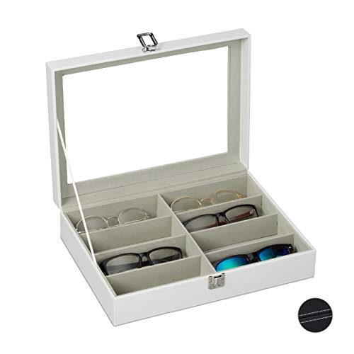 Relaxdays Caja Gafas con 8 Compartimentos, Organizador, 1 Ud., Cuero Sintético-Cristal, 8,5 x 33,5 x 24,5 cm, Blanco (10027257_49)