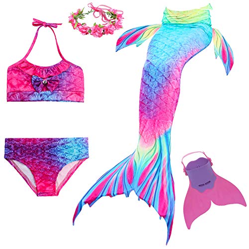 Romance Zone Cola de Sirena para Natación 5pcs Traje de Baño Mermaid Bikini Establece Disfraz de Sirena para Niña Princesa Cosplay Conjuntos con Diadema de Flores y Monofín