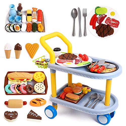 RuiDaXiang Carrito de Comida para niños,Juego de Roles para niños, Juguetes Grandes para Coche Comedor y 98 Piezas de Accesorios de Comida, Cocina y vajilla, para niños / niñas a Partir de 3 años