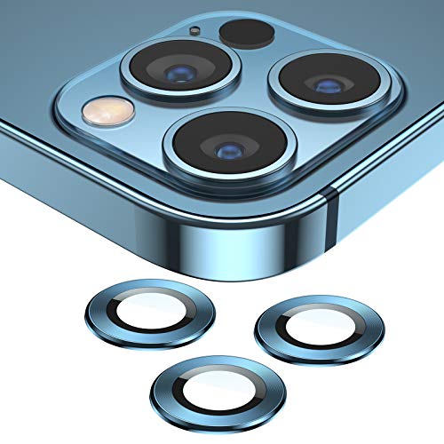 SAEYON Protector de Lente de Cristal Templado para iPhone 12 Pro Max 6,7 Pulgadas, 360 Grados Cobertura Completa Protector Cámara Trasera de Anillo Metálico, 9H Dureza, Anti-Polvo, de en azul pacífico