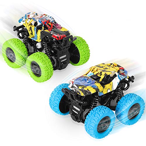 sanlinkee Camión Monstruo,2 PCS Monster Trucks Inercia Vehiculo Educativo de Carreras con Motor Fricción 360 Grados de Rotación,Regalo para Niños Niñas(Azul+Verde)…