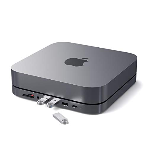 SATECHI Soporte & Hub Tipo-C de Aluminio – Compatible con 2019/2018 Mac Mini – Puerto de Datos USB-C, Lector de Tarjetas Micro/SD, USB 3,0 & Puerto Jack para Auriculares (Gris Espacial)