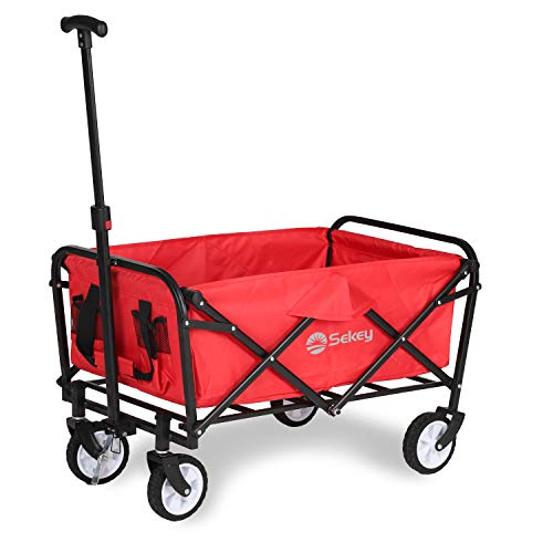 Sekey Mini Carrito Vagón Plegable para Exterior, Carro de Servicio con Frenos y Asa/Tirador Telescópico, para jardín, Carrito Plegable Carretillas de Jardín, Rojo