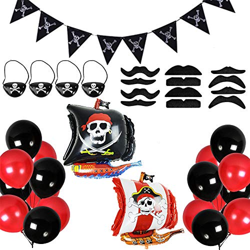 Set de decoración para fiestas de cumpleaños infantiles, color rojo y negro, 39 unidades, globos de látex rojo y negro, globos de látex para fiestas piratas del Caribe