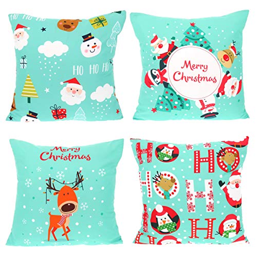 Shipitnow – Juego de 4 fundas de cojín navideño, 45 x 45 cm, diseño de reno y Papá Noel, color verde agua, rojo y blanco, forma cuadrada, 100 % poliéster, decoración navideña