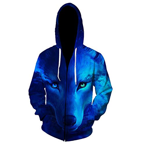 SHUAIFA Sudadera unisex con capucha y cremallera con diseño de galaxia espacial de lobo 3D