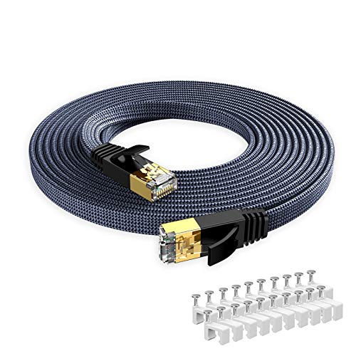 Snowkids 15m Cable de Red Ethernet cat7, Alta Velocidad 10Gbit/s 600MHz Cable Plano Trenzado de Nailon Chapado STP Cable Ethernet RJ45 para Router Modem Switch TV Box PC PS4 Viene con 20 Clips Cable