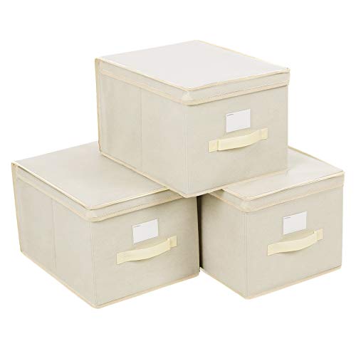 SONGMICS Juego de 3 Cajas Plegables de Alcon Tapas, Cubos de Tela con Portaetiquetas, 40 x 30 x 25 cm, Beige RFB03M