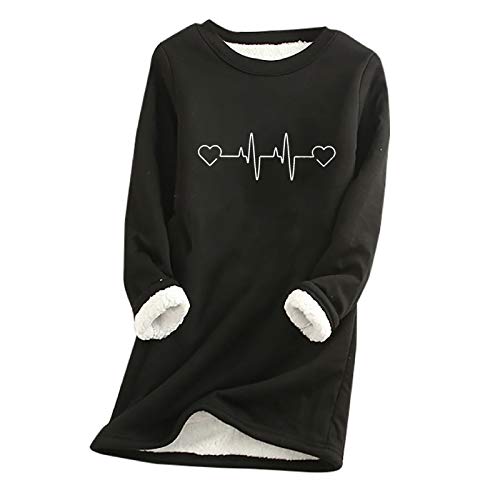 Sudadera de Terciopelo Grueso para Mujer Invierno, Ropa Interior Cálida con Cuello en O, Top Mujer Otoño Camiseta Suelta, Engrosada Más Lana Cordero Fondo Camisa 1931 (L, Negro)