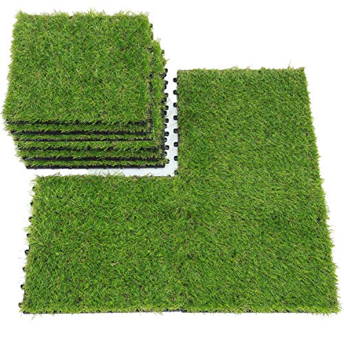 SUMC Césped baldosas conjunto de 9 piezas Césped artificial clic baldosas hierba artificial para decoración de interior/exterior, 12×12 Inch
