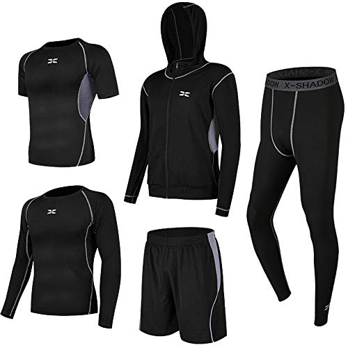 Superora 5 Piezas Conjunto de Ropa Deportiva Hombre Camisetas Pantalon Corto Deporte Ropa Secado Rápido Traje Deportivo Elástico Cremallera Suave Correr (Gris, L（Asia XXL en Etiqueta）)