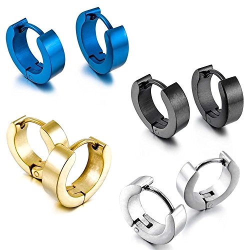 TOOGOO Acero Inoxidable Semental Aro Hoop Huggie Pendientes Plata Negro Azul Oro Clasico Encanto Atractivo Elegante ( 4 Pares ） Hombre