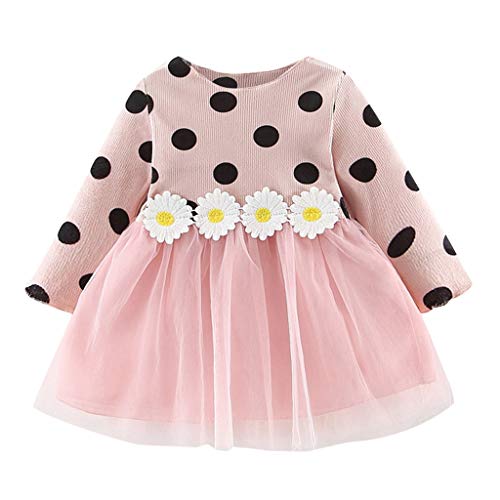 TOPKEAL Lindo Vestido Rosa de la Princesa de Muñeca con Estampada Lunares y Bordado de Flores Costura Malla para Niñas