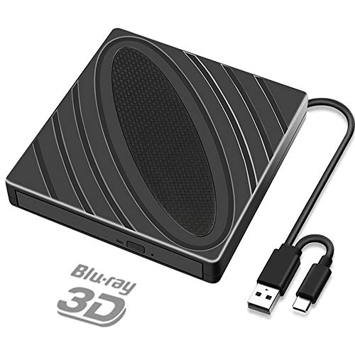 Unidad BLU Ray Externa 3D, Portátil USB 3.0 y Tipo C Lector Grabadora Bluray DVD CD RW ROM Reproductor para PC Portátil/Escritorio Mac Windows 7 8 10 XP Vista Linxus (Black)