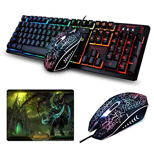 UrChoiceLtd Teclado Ratón Combo Arco Iris Retroiluminado Multimedia USB Gaming Teclado + Cable 2400dpi 4 Botones óptico LED USB Gaming Mouse Juegos + Mouse Pad Tamaño Estándar (Negro/Estilo 1)