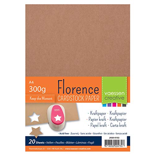 Vaessen Creative Cartulina Florence, 20 Hojas, A4, 300 GSM, Perfecta para Scrapbooking, Creación de Tarjetas y Otras Manualidades, Marrones Kraft