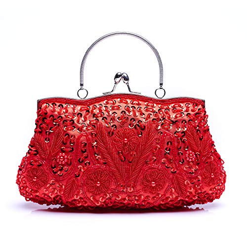 VENI MASEE Colección Antiguo Bolso de noche suave con lentejuelas, cuentas y lentejuelas, lentejuelas exquisitas con lentejuelas con hojas de lentejuelas, bolso de mano