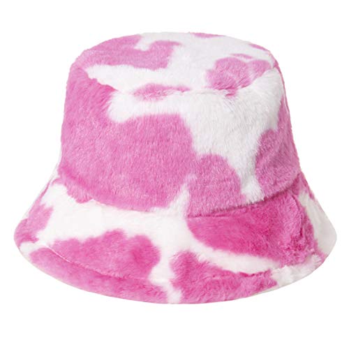 VIccoo Tapa de Cubo, Gorra de Pescador de Panamá con Estampado de Vaca lechera y cálida de Invierno para Mujer - Rosa Caliente