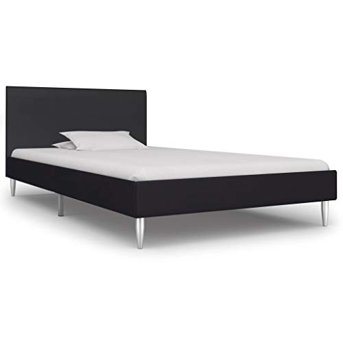 vidaXL Cama Individual Estructura Metal Hierro + Somier Láminas + Cabecero Tapizada Tela para Colchón 90x200 cm No Incluido MDF Patas Metálicas Negro