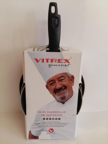 VITREX 71SALOVIGOR-Lote de 3 Piezas 18/20/24 Gourmet de Acero esmaltado Antiadherente 2 Capas inducción Modelo Marseille ROJA, Metal, Rojo, 24 cm