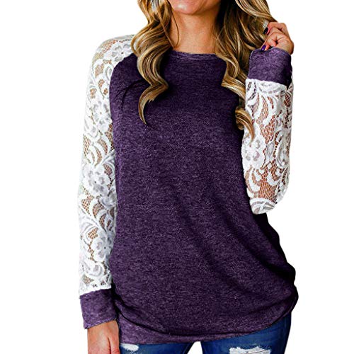 WARMWORD Mujer Moda Cordón Floral Empalme Cuello Redondo Manga Larga Camiseta Blusa Tops Camisetas Mujer Suelto Pullover Cuello Redondo Manga Larga Otoño Sudadera Casual Loose tee