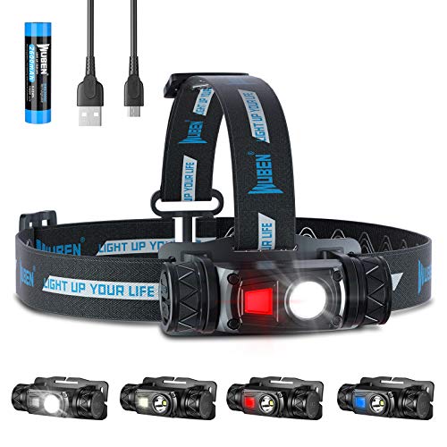 WUBEN H1 Linterna Frontal LED Recargable, Blancos y Rojos Múltiples Fuentes De Luz, 1200 Lumens Luz Frontal Cabeza 10 modos Impermeable Ajustable Linterna Cabeza para Camping, Pesca, Running