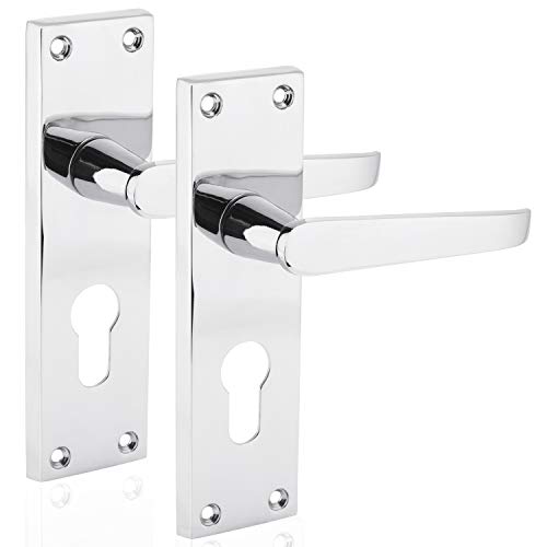 XFORT® Juego de manijas planas de cromo pulido, diseño victoriano, ideal para todo tipo de puertas interiores de madera que requieren seguridad de bloqueo de llave [1 par)